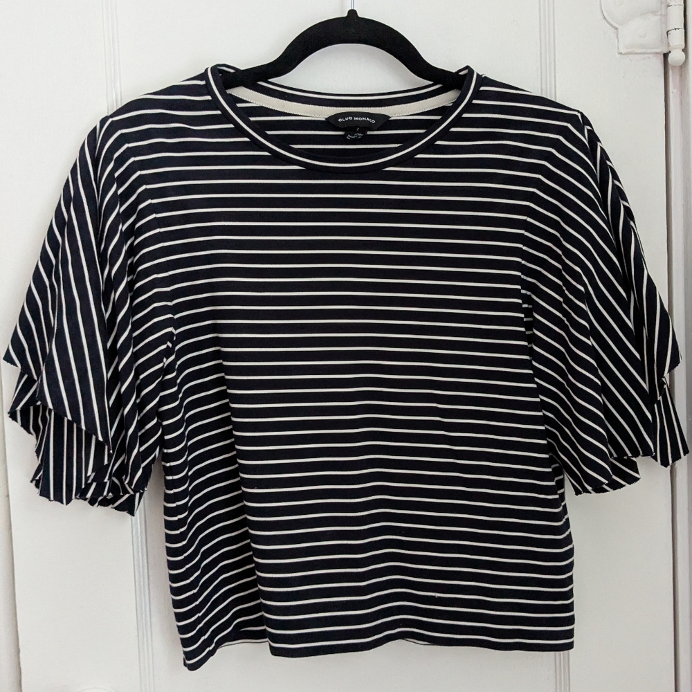 Club Monaco Navy Striped Nautical Ruffle Sleeve Tee - Size SP